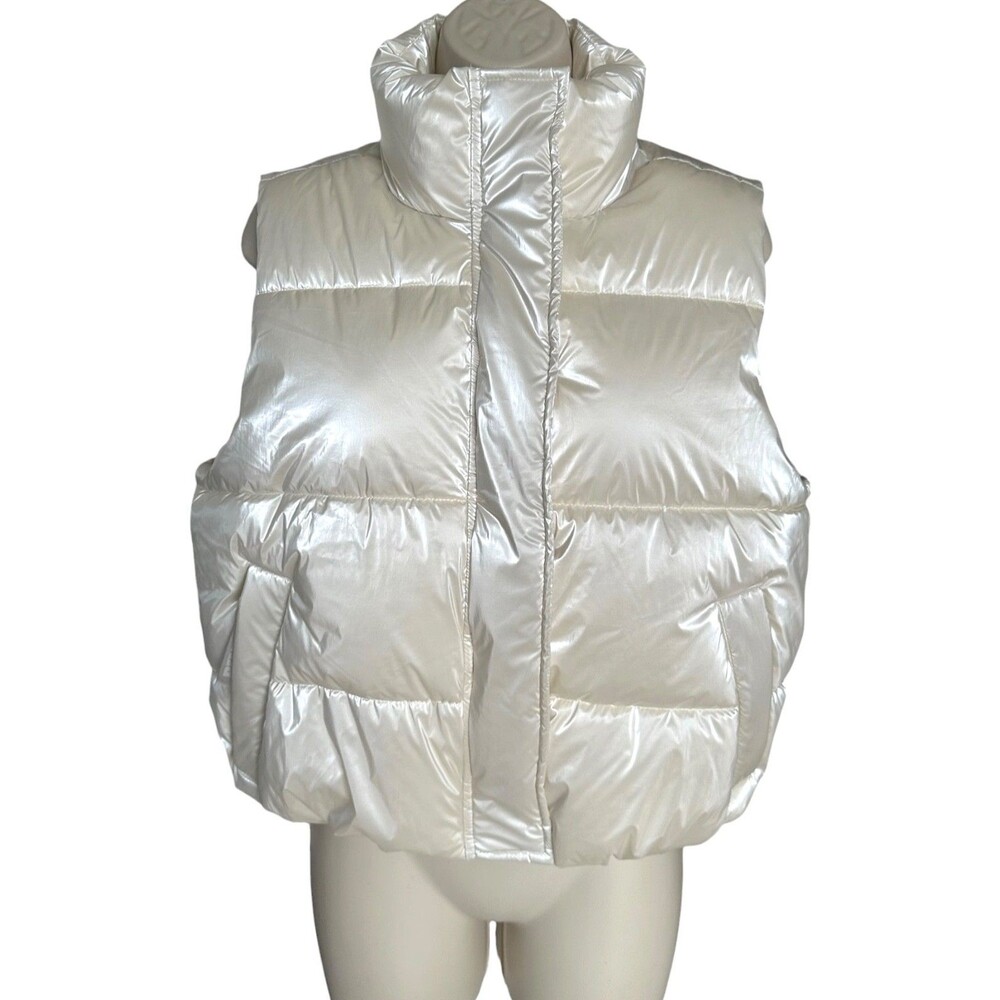 VS PINK Women's Full Zip Marshmallow Puffer Vest w/Zip Pocket Shiny Size M Cream